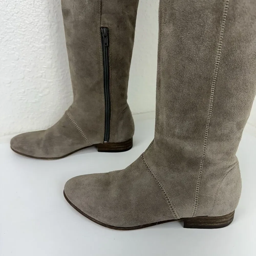 Free People Suede Over The Knee Riding Boots Zip Almond Toe Taupe 36 US 6
